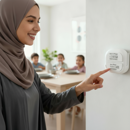 Maman appuie sur la box invocation islamique DuaaDoor pendant que les enfants écoutent les duaa à table