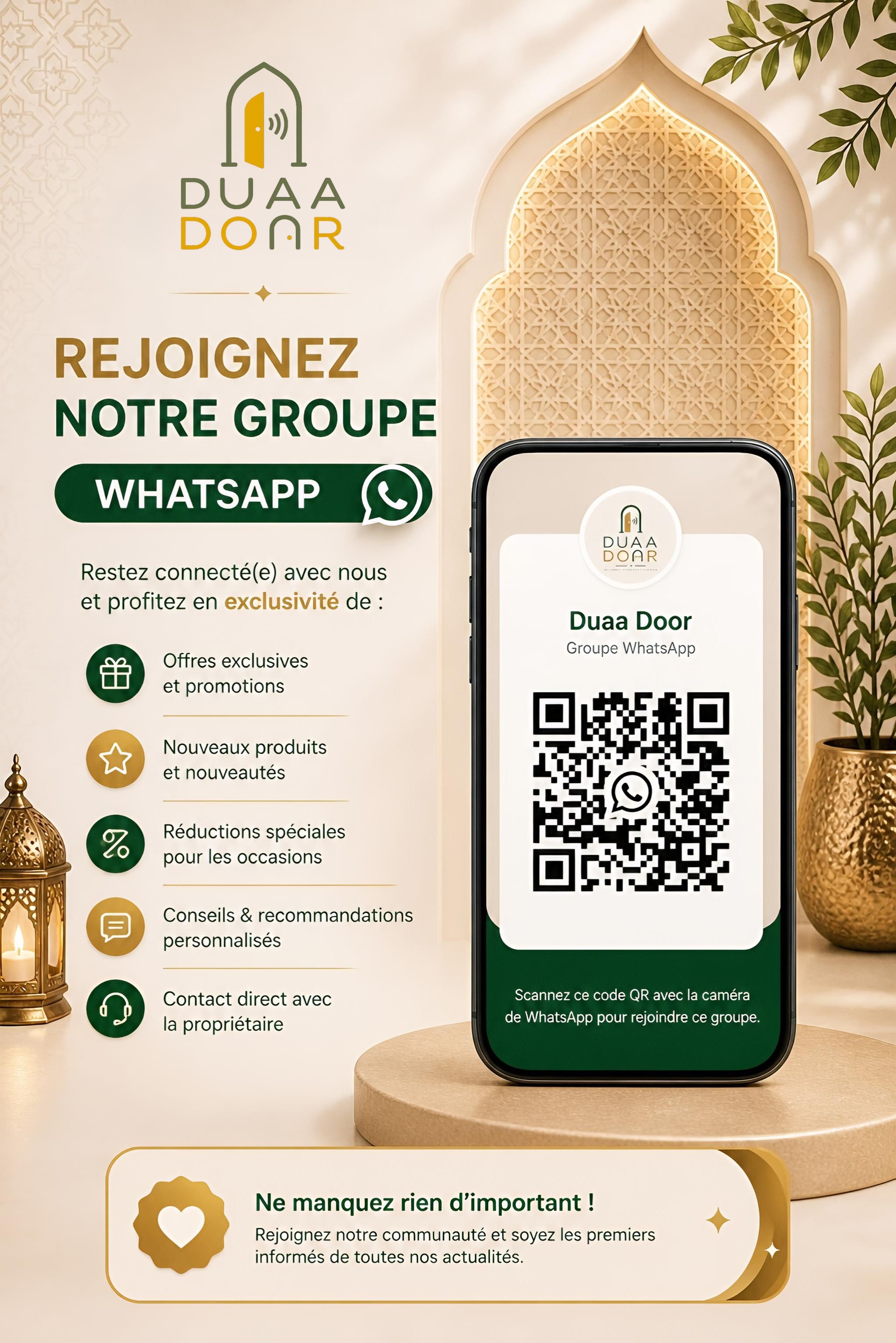 Rejoignez notre groupe WhatsApp DuaaDoor — scannez le code QR pour participer